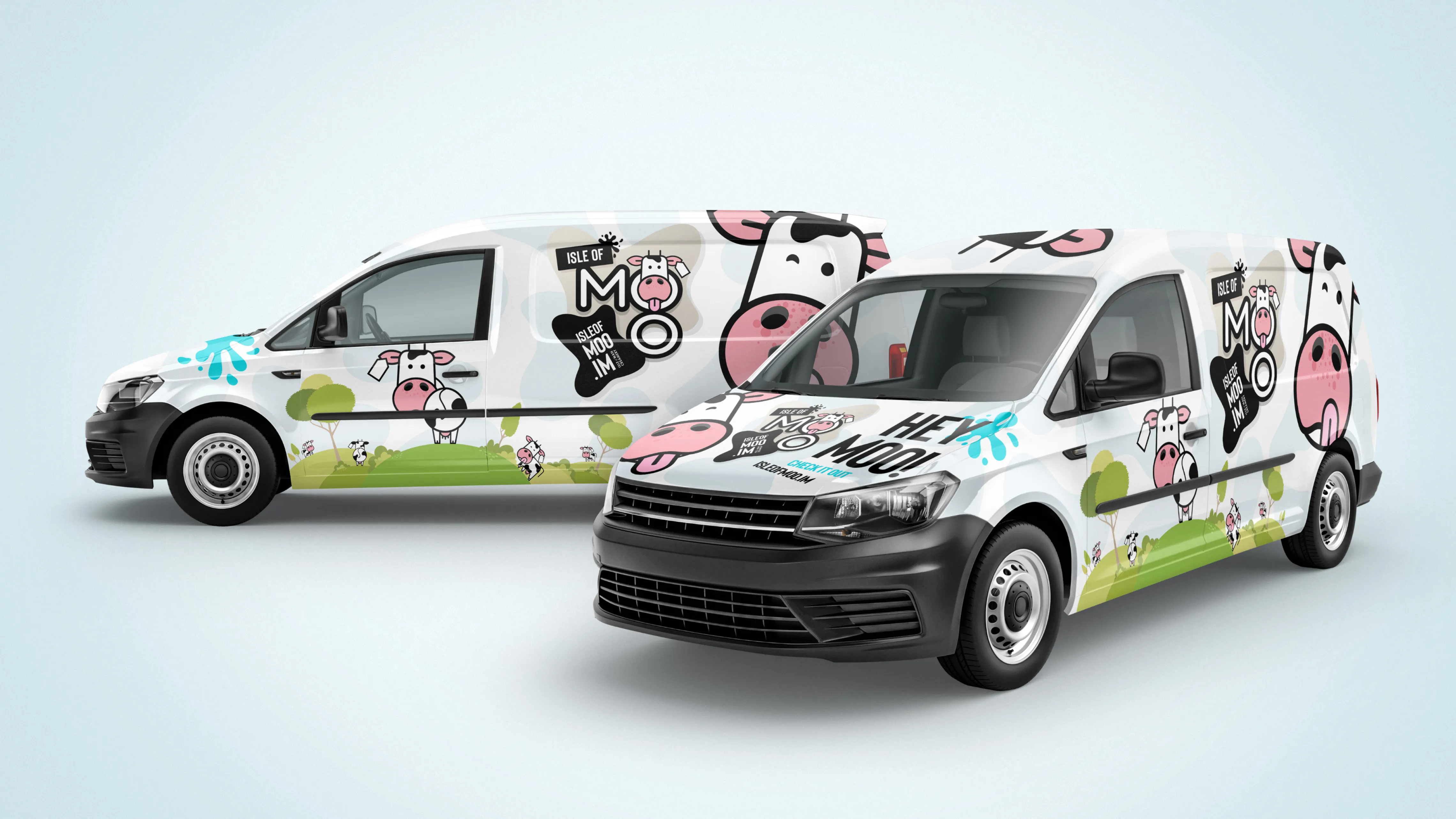 Angled view of branded delivery vans showing side and front graphics with cow illustrations and Hey Moo campaign visuals.