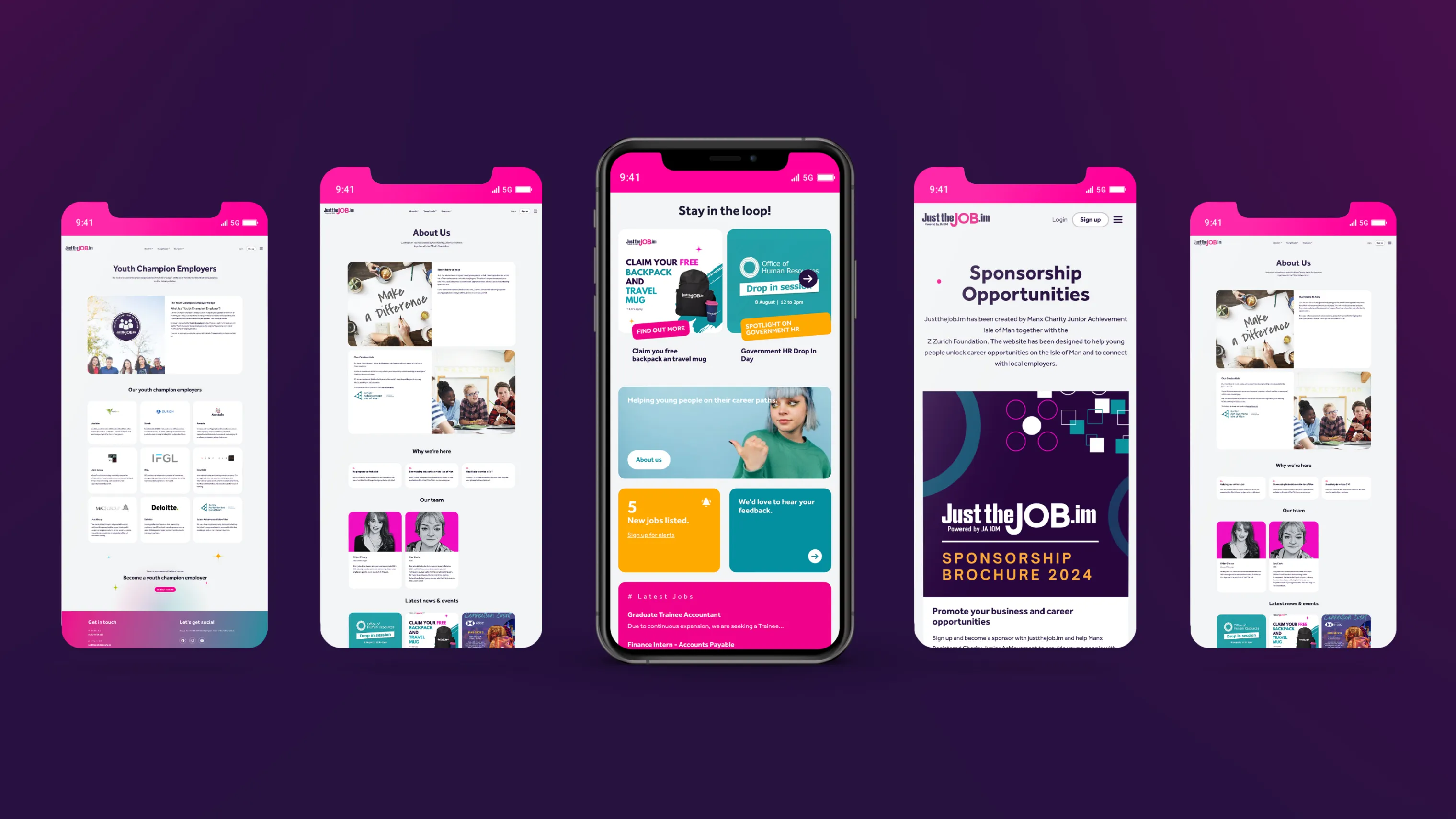 Two smartphones side by side showing Just the Job app interface screens with pink and purple branding