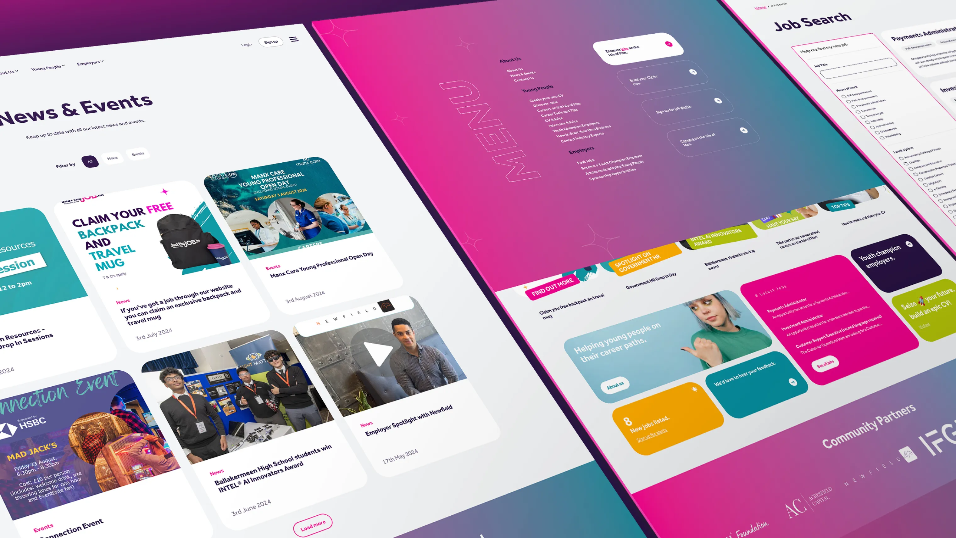 Tablet and phone showing Just the Job employer or content pages with photos and pink branding elements