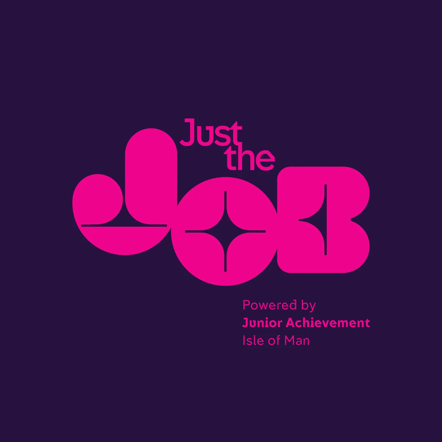 Just the Job logo in hot pink on a solid dark navy background, with Powered by Junior Achievement Isle of Man tagline