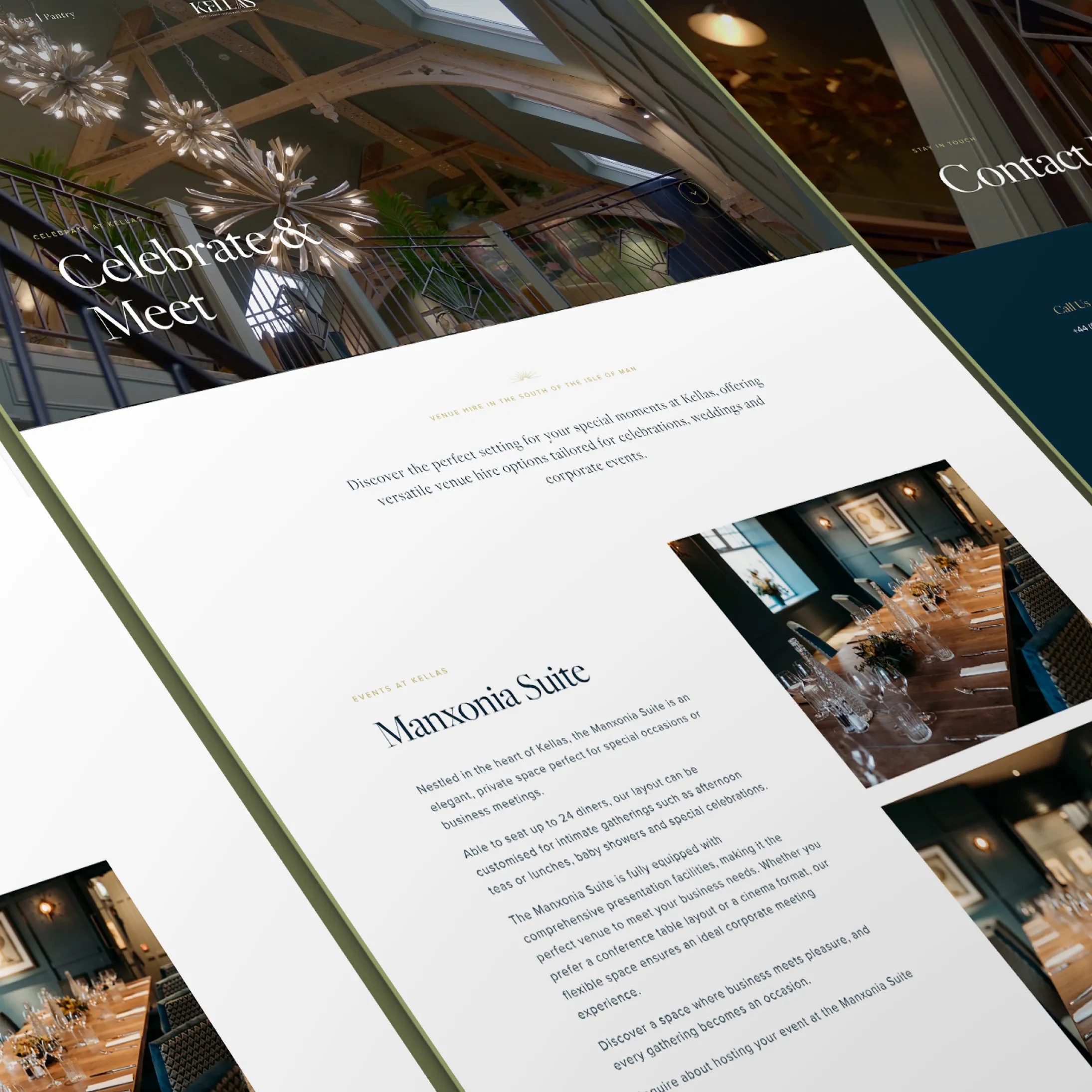An angled print or screen mockup showing a Kella's restaurant website page for the Marsonia Suite private dining and events space, with the heading "Celebrate & Meet" and interior photography, on a dark moody background.

