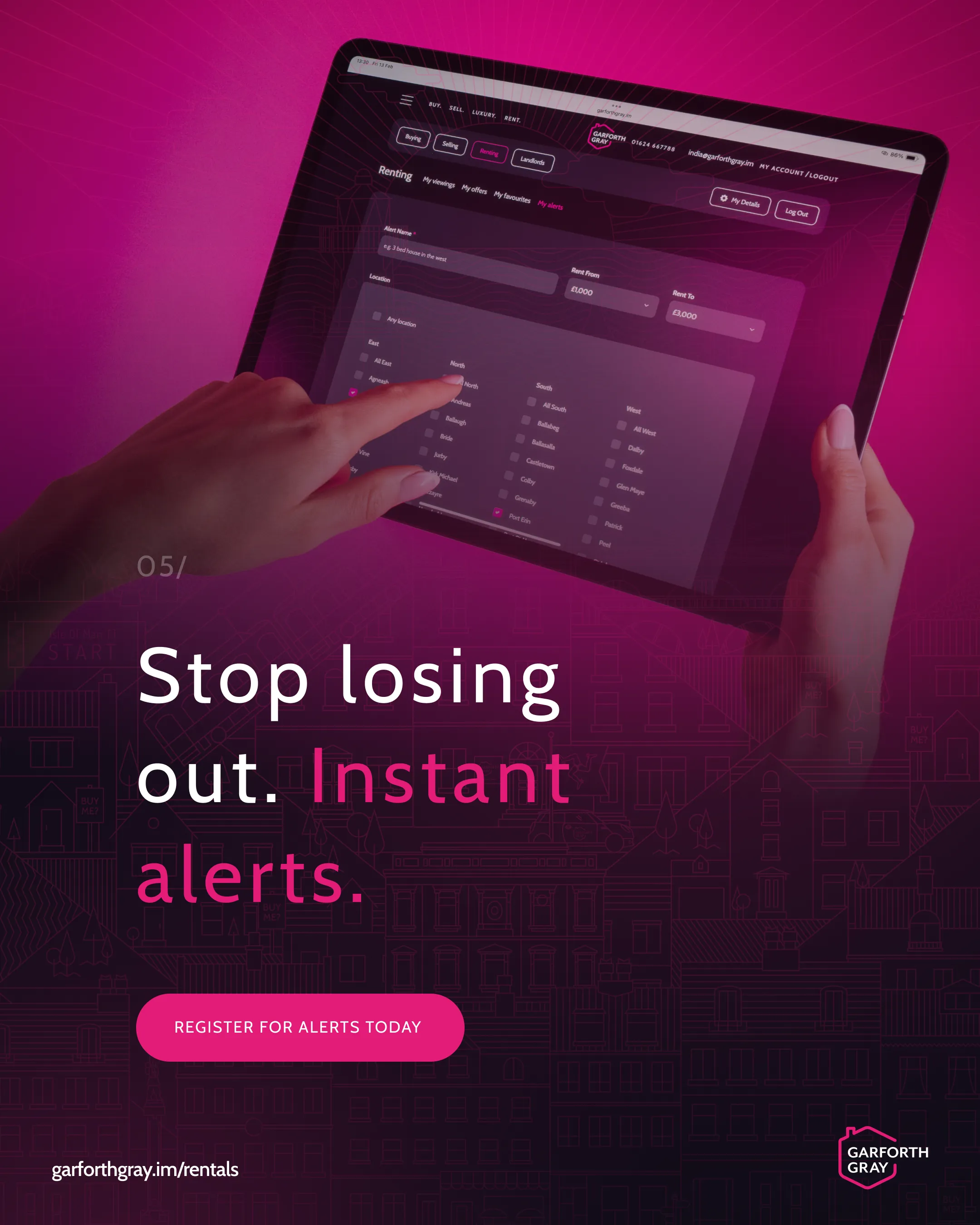A person interacts with a tablet displaying a rental alert app against a pink background. Text reads: "Stop losing out. Instant alerts." Button for registration.