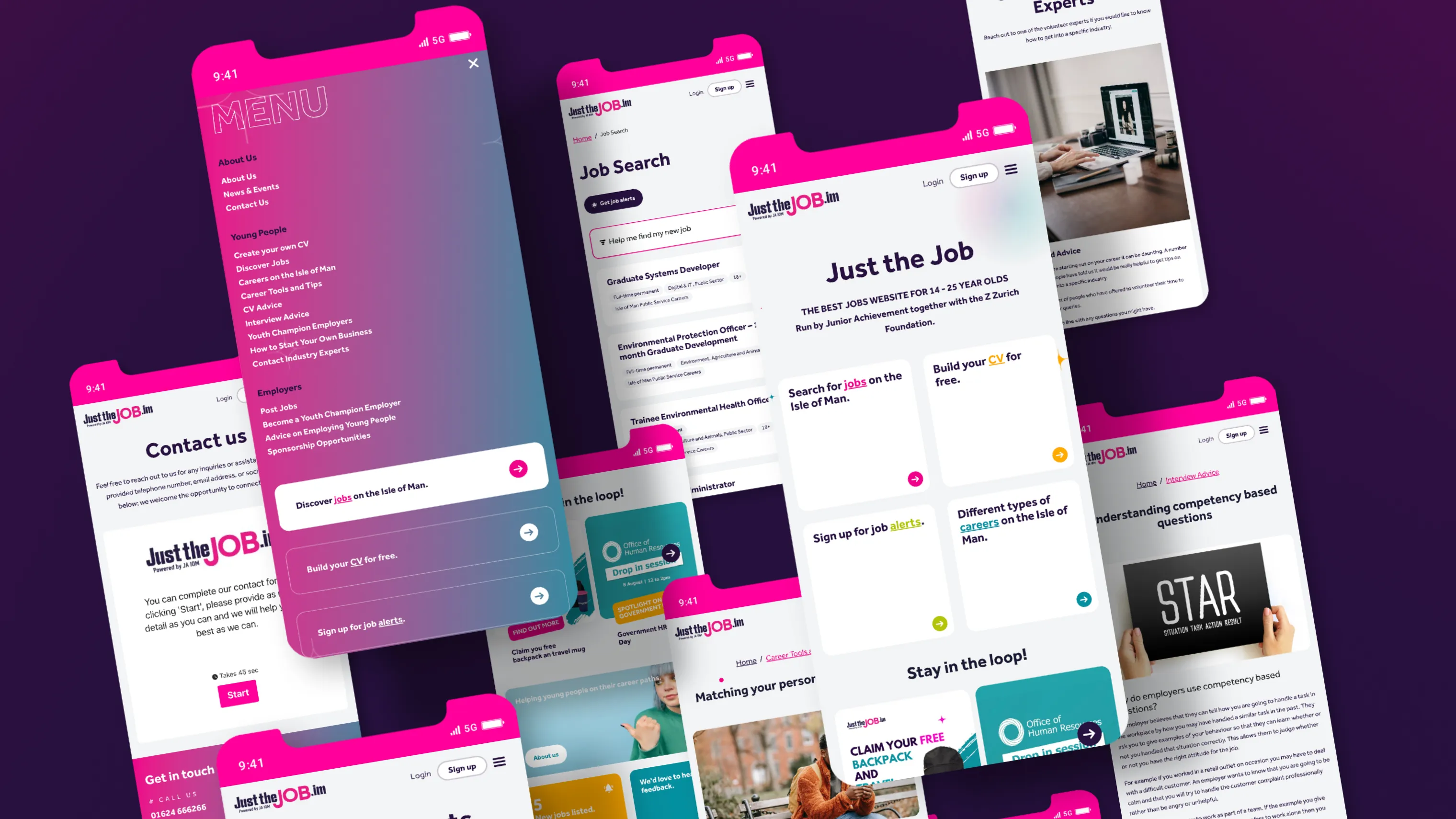 Multiple devices including laptop and phone showing various Just the Job app and website screens