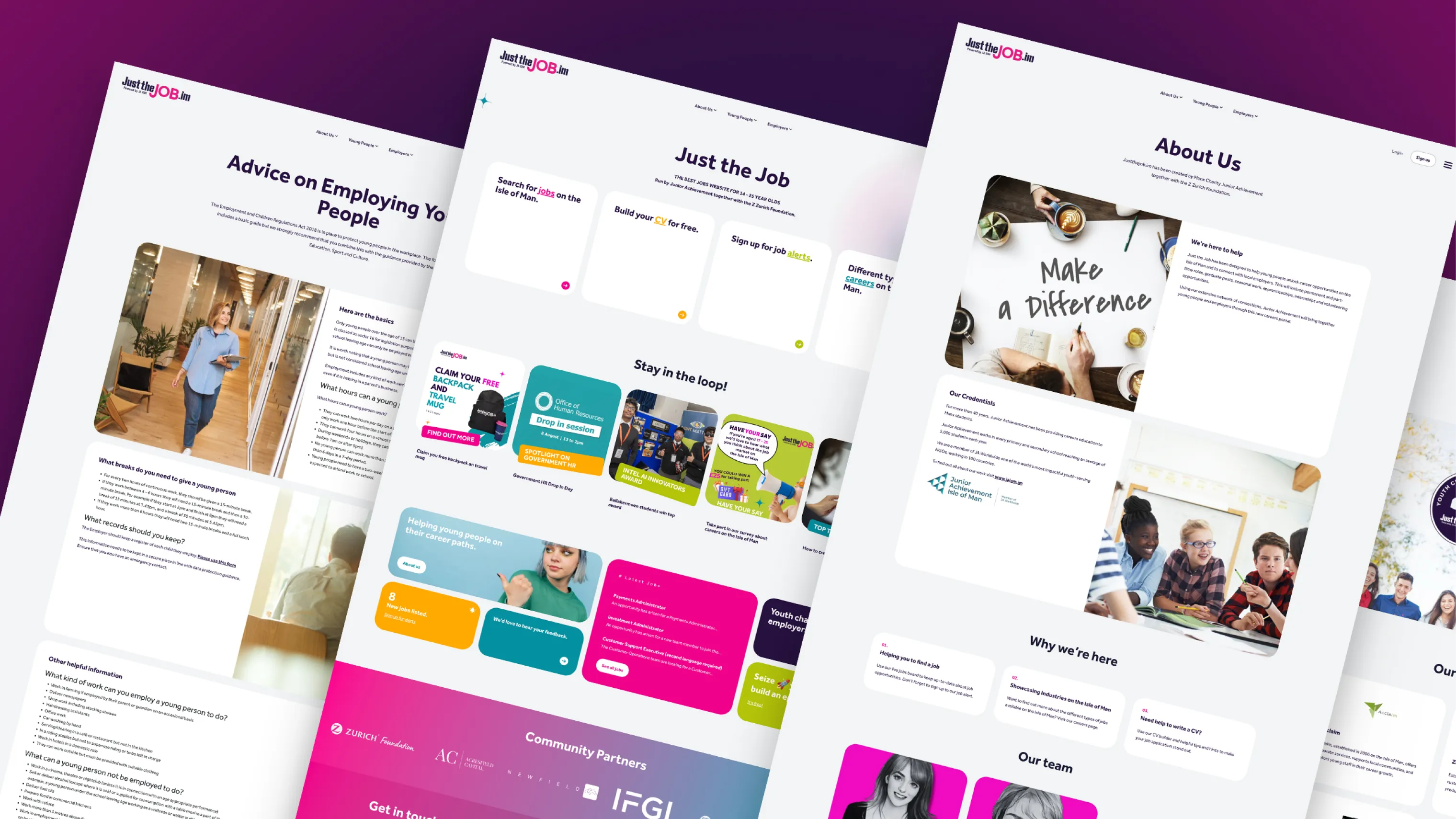 Multiple screens showing Just the Job homepage and inner pages with Make a Difference and Employing Youth sections visible