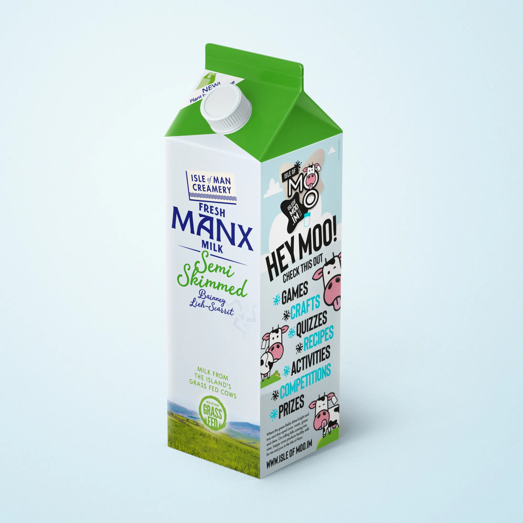 Branded Isle of Moo Manx milk carton featuring playful cow illustrations and “HEY MOO!” messaging on a light blue background.