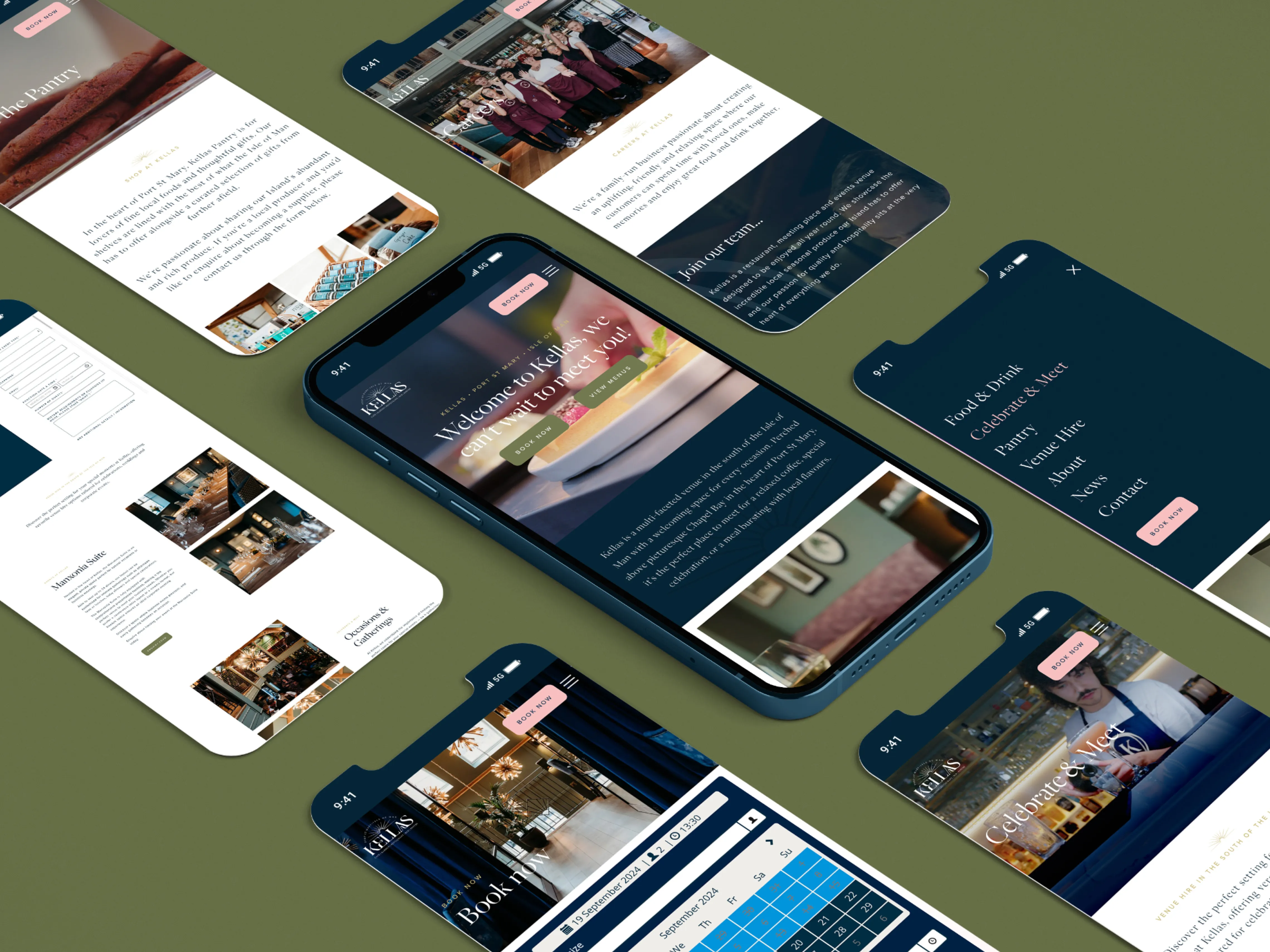 A collection of mobile phone mockup screens displaying the Kella's restaurant website design, shown on a dark olive green background, featuring pages including menus, imagery of food and the restaurant interior.