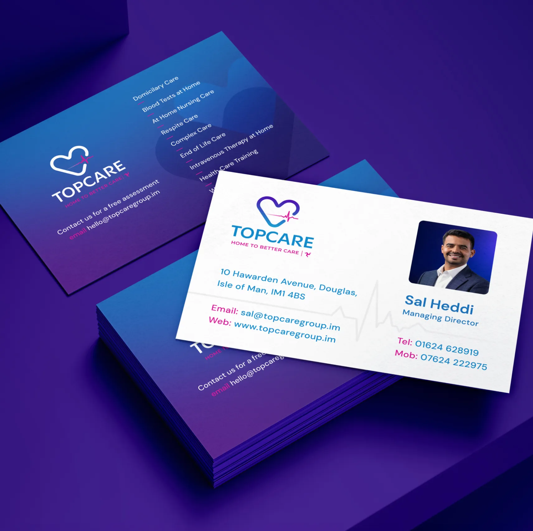Business Cards for TopCare - a homecare agency on the isle of man. Shown in purple and blue brand colours with managing director Sal Heddi on one side.