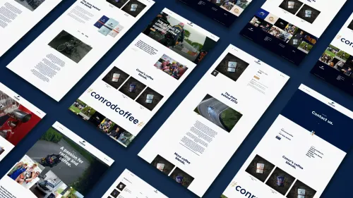 Alt text: "Tilted layout of several conradcoffee website mockups on a dark blue background, highlighting product displays, coffee bags, cycling themes, and a contact section."