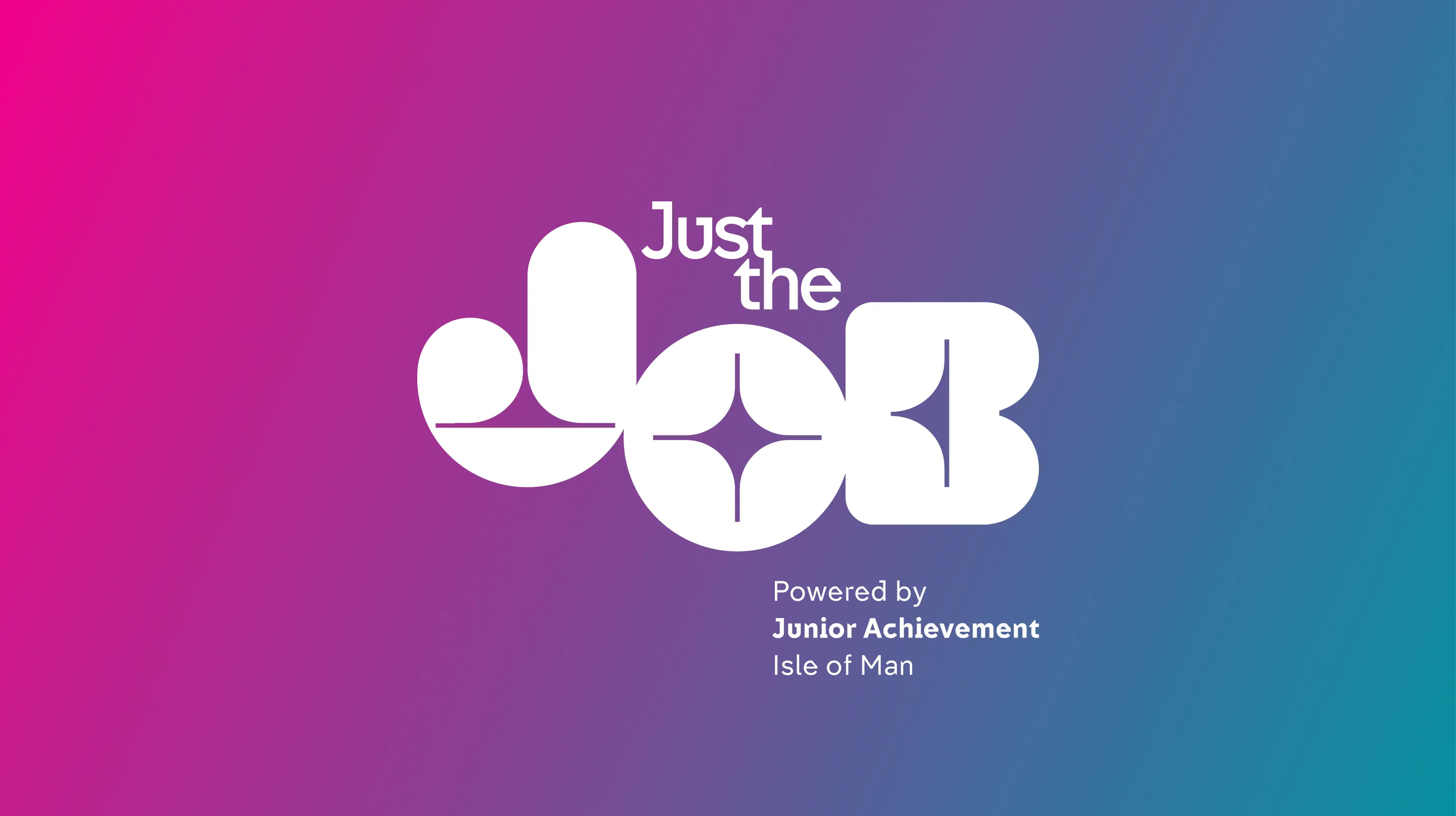 Just the Job logo in white displayed on a purple to blue gradient background, powered by Junior Achievement Isle of Man