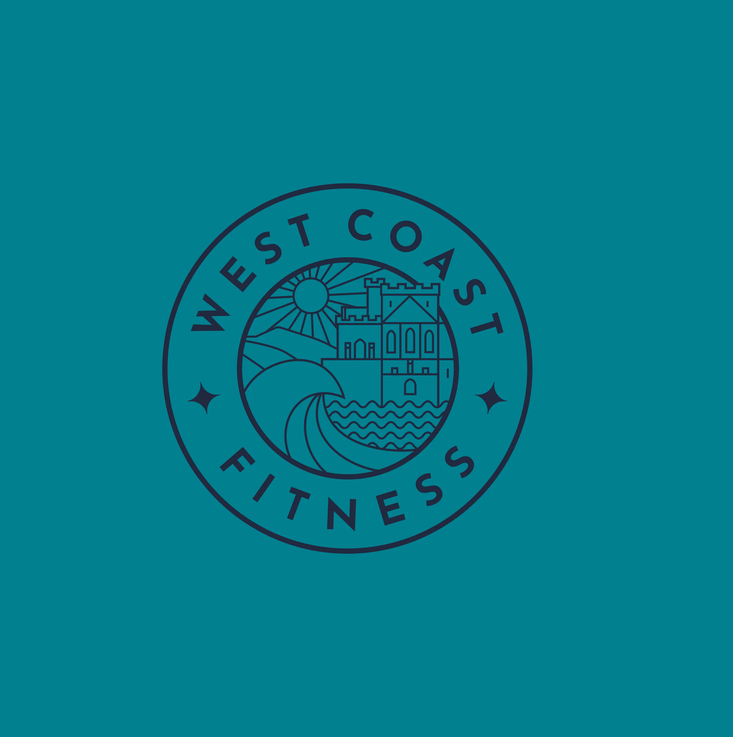 West Coast Fitness circular badge logo in dark navy outline on a solid teal background featuring castle, sun and wave illustration