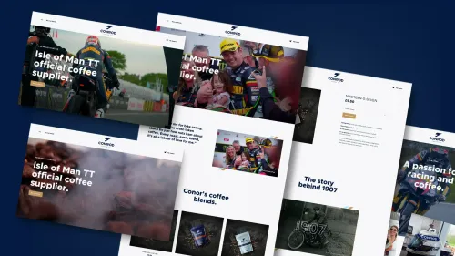 A collage of website pages features motorcycle racing, coffee branding, and cheerful people. Text highlights "Isle of Man TT official coffee supplier."