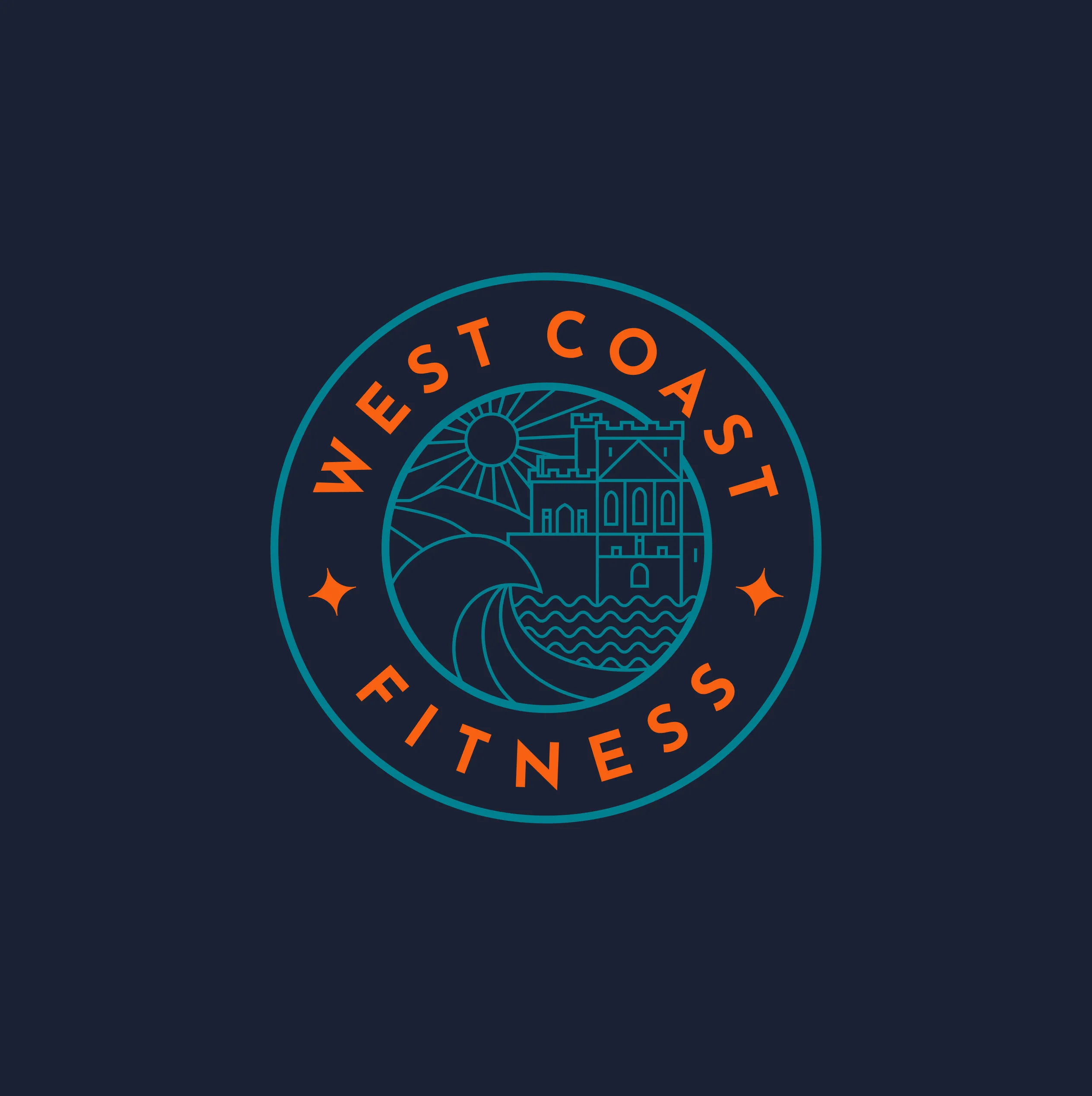 West Coast Fitness circular badge logo in teal and orange on a solid dark navy background featuring castle, sun and wave illustration